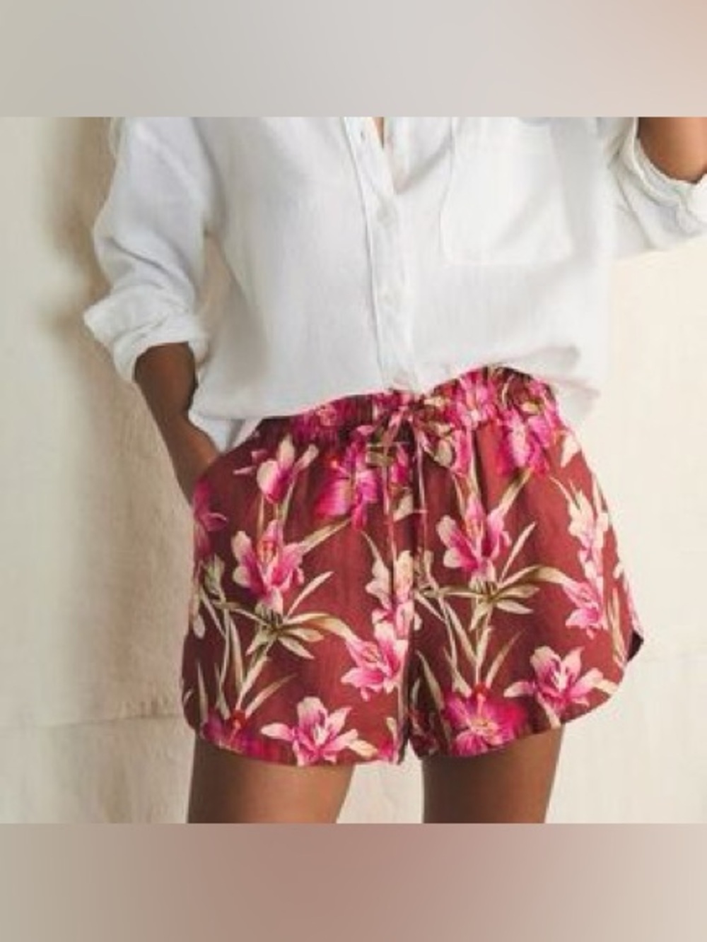 Faherty Laguna 100% Linen Tie Waist Floral Print Shorts Size Medium Coastal Chic